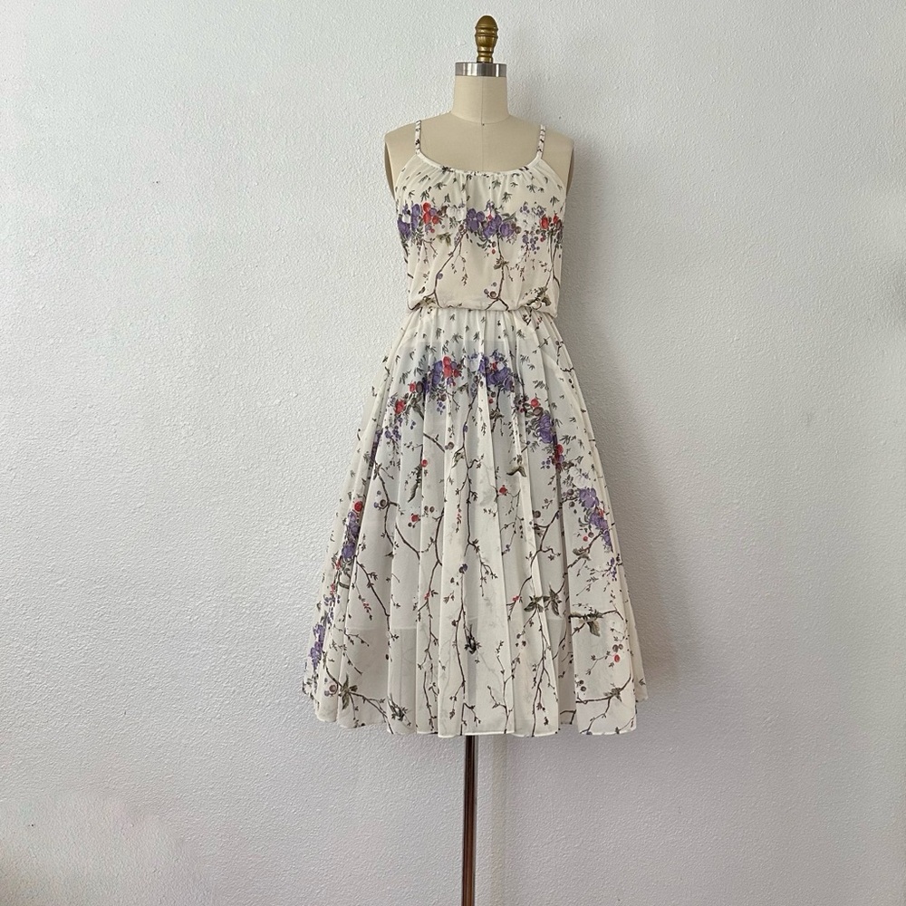 Vintage Floral Midi Dress in Cream and Purple